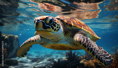 Underwater turtle swimming in the blue sea generated by AI photo