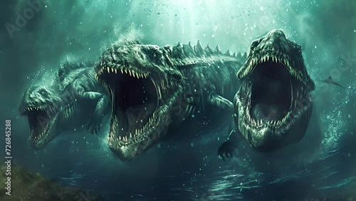A group of mighty Liopleurodons hunting together their sharp teeth glistening as they stalk their prey through the murky waters. photo