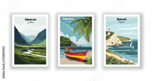 Dorset, England. Glencoe, Scotland. Guyana, Caribbean - Vintage travel poster. High quality prints.