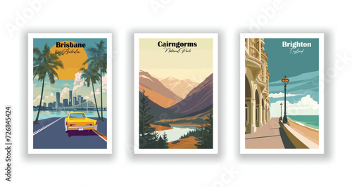 Brighton, England. Cairngorms, National Park. Brisbane, Australia - Vintage travel poster. High quality prints.