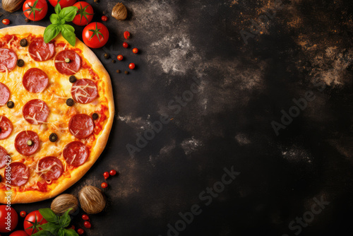 pizza sausage, tomato sauce, cheese Menu concept, food background, diet. top view. copy space for text