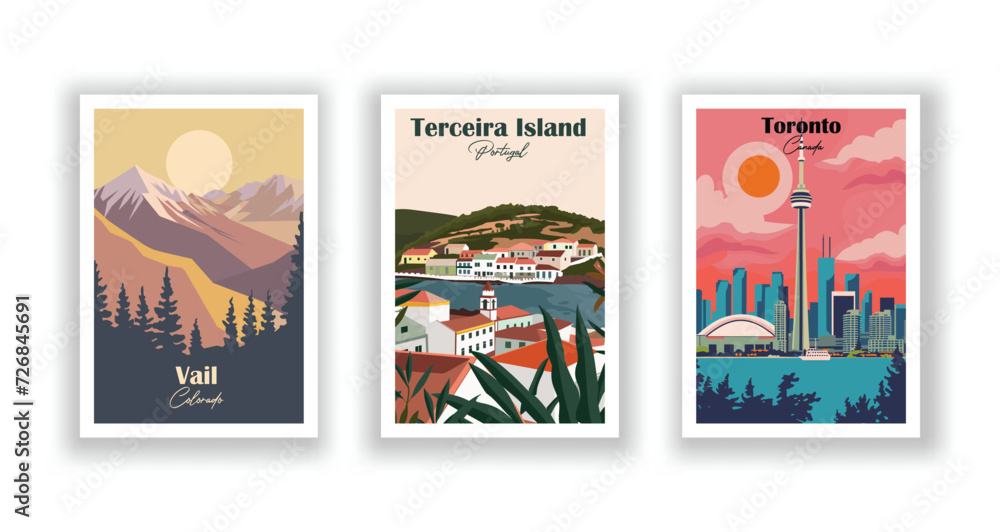 Terceira Island, Portugal. Toronto, Canada. Vail, Colorado - Vintage travel poster. High quality prints.