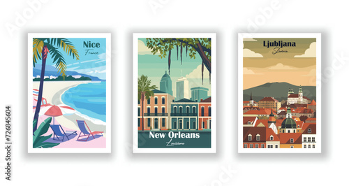 Ljubljana, Slovenia. New Orleans, Louisiana. Nice, France - Vintage travel poster. High quality prints.