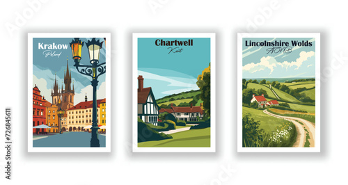 Chartwell, Kent. Krakow, Poland. Lincolnshire Wolds AONB - Vintage travel poster. High quality prints.