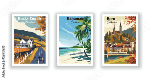 Bahamas, Caribbean. Bern, Switzerland. Bucks County, Pennsylvania - Vintage travel poster. High quality prints. photo