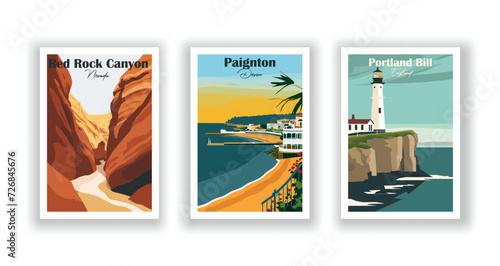 Paignton Devon. Portland Bill, England. Red Rock Canyon, Nevada - Vintage travel poster. High quality prints.