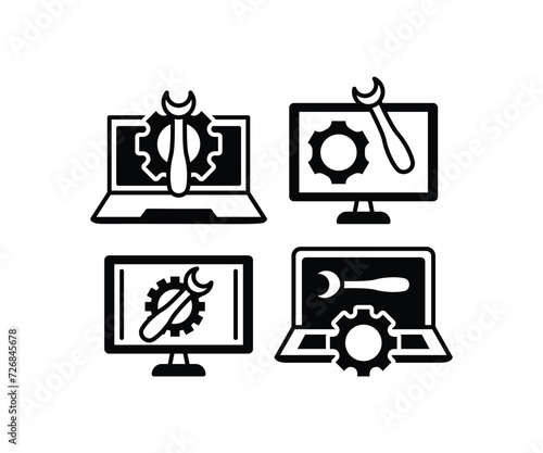 computer laptop repair with wrench icon vector design simple black white minimal style illustration collections template sets