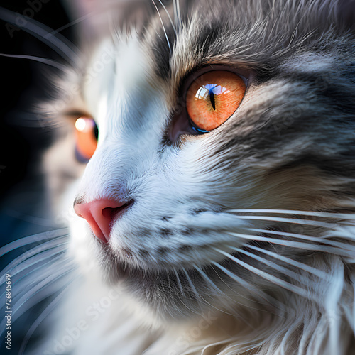 A close-up of a cat with different colored eyes.