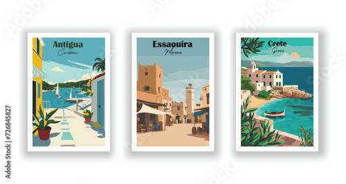 Antigua, Caribbean. Crete, Greece. Essaouira, Morocco - Vintage travel poster. High quality prints. photo
