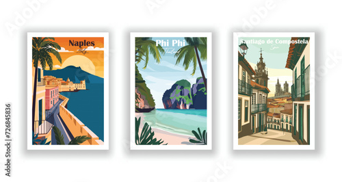 Naples, Italy. Phi Phi, Thailand. Santiago de Compostela, Spain - Vintage travel poster. High quality prints.