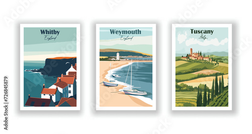Tuscany, Italy. Weymouth, England. Whitby, England - Vintage travel poster. High quality prints.