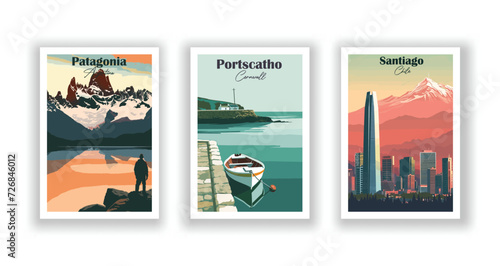 Patagonia, Argentina. Portscatho, Cornwall. Santiago, Chile - Vintage travel poster. High quality prints