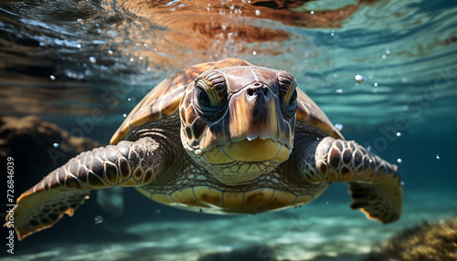 Turtle swimming in blue water  underwater adventure generated by AI
