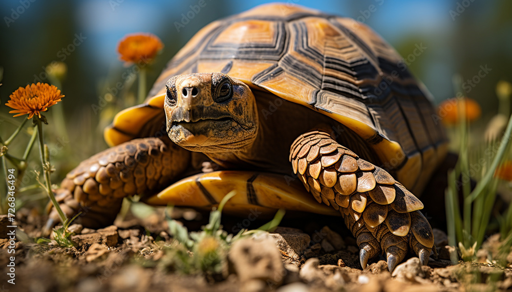 Naklejka premium A cute turtle crawls slowly in the green grass generated by AI