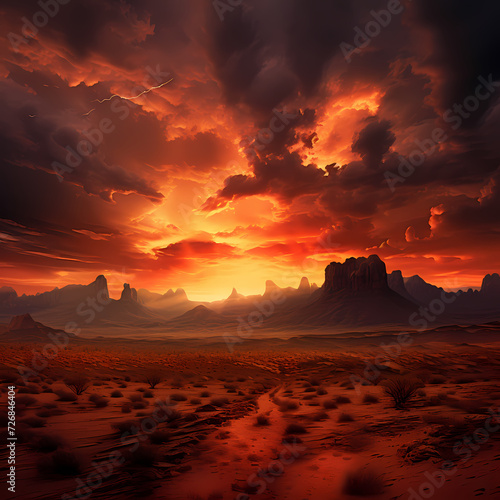A dramatic sunset over a desert landscape.