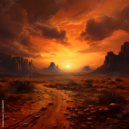 A dramatic sunset over a desert landscape.