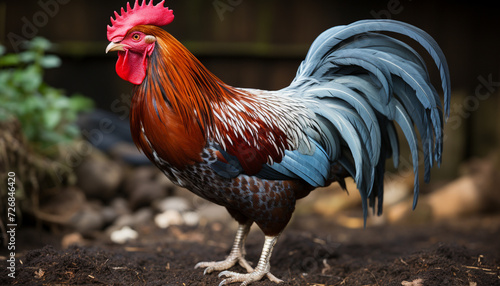 Photographie Majestic cockerel stands proud, pecking in the meadow, free range generated by A