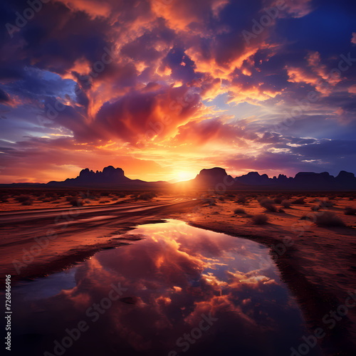 A dramatic sunset over a desert landscape.
