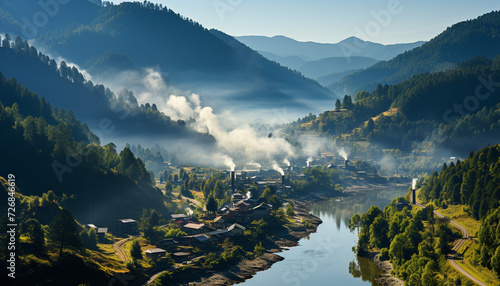 Mountain landscape with forest, meadow, and tranquil water reflection generated by AI