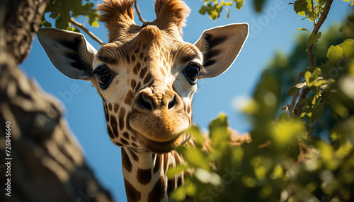 Giraffe standing in nature, looking at camera, beautiful and cute generated by AI © Stockgiu