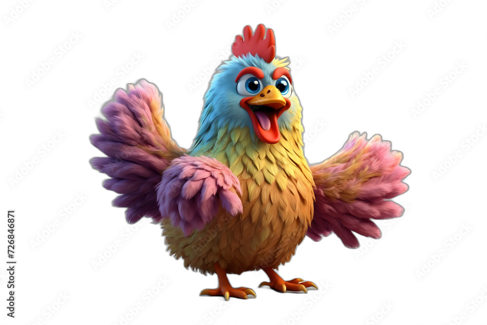 Whimsical Hen Delight: Colorful, Cute 3D Cartoon Character Dancing with Joy, Isolated on Transparent Background