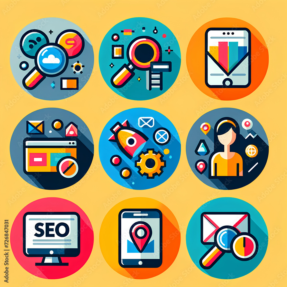 set of five flat colored icons representing SEO and digital marketing concepts. The icons should depict key elements of SEO and digital set of five flat colored icons representing SEO and digital marketing concepts. The icons should depict key elements of SEO and digital