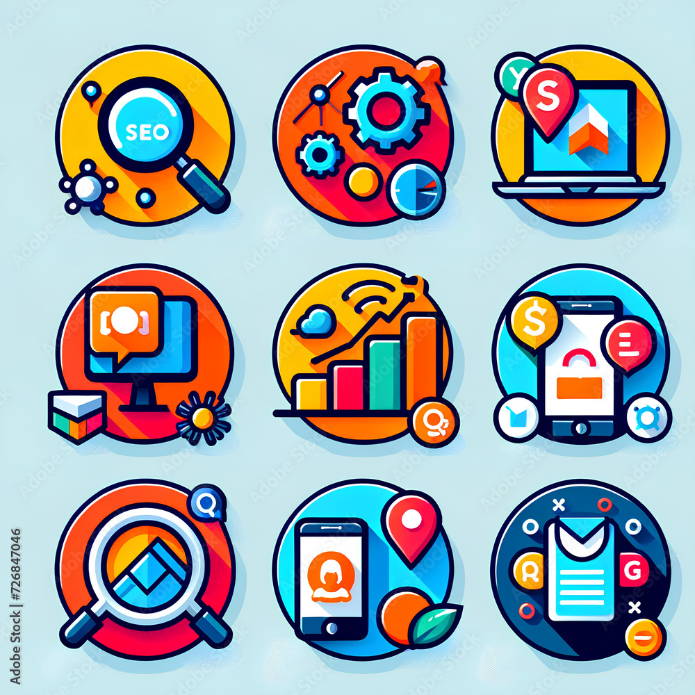 set of five flat colored icons representing SEO and digital marketing concepts. The icons depict key elements of SEO and digital marketing such set of five flat colored icons representing SEO and digital marketing concepts. The icons depict key elements of SEO and digital marketing such