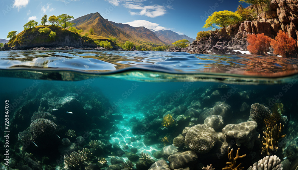 Underwater adventure fish swim in majestic multi colored reef generated by AI