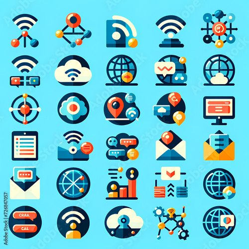 A set of network and communication icons in a flat theme. The icons represent various aspects of networking and communication such as Wi-Fi signal