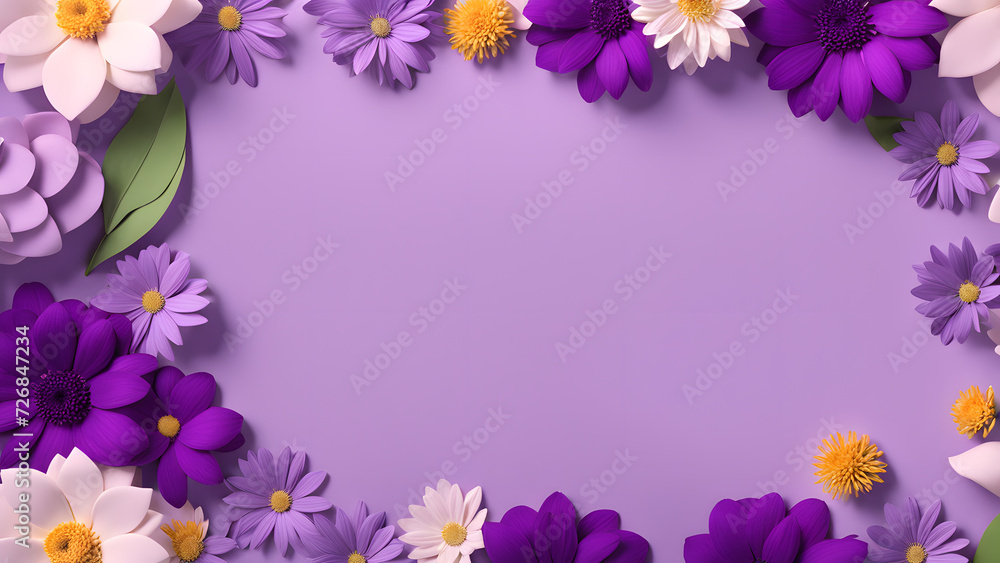 3D flower floral with purple pastel background. Cosmetic or beauty product background for woman's day and mother's day. Copy space floral mockup. 3D flower floral with purple pastel background. Cosmetic or beauty product background for woman's day and mother's day. Copy space floral mockup.