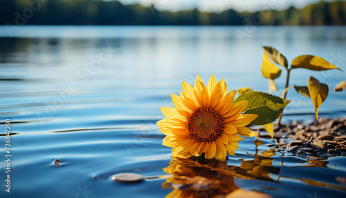 Yellow sunflower reflects in the calm pond  surrounded by nature generated by AI