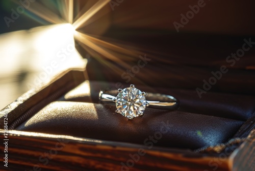 A platinum diamond ring is in a jewelry box, the concept of luxury © Александр Лобач