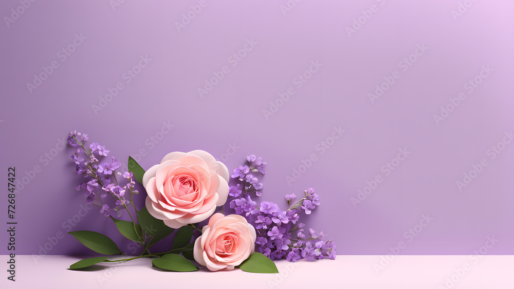 3D flower floral with purple pastel background. Cosmetic or beauty product background for woman's day and mother's day. Copy space floral mockup. 3D flower floral with purple pastel background. Cosmetic or beauty product background for woman's day and mother's day. Copy space floral mockup.
