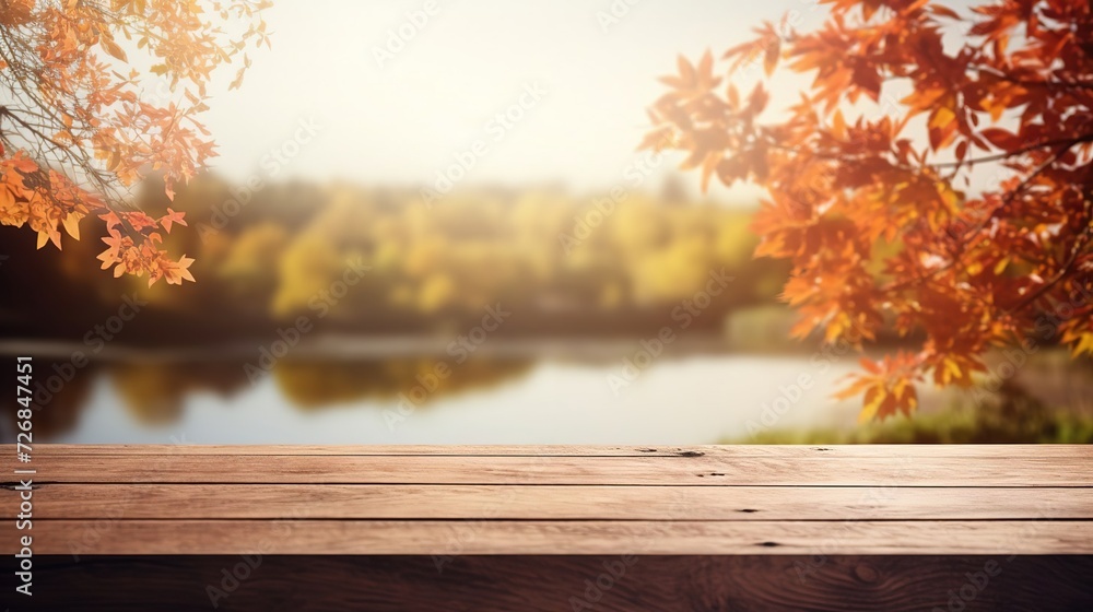 a wooden table with a blurred autumn background and a place for text. a wooden table with a blurred autumn background and a place for text.
