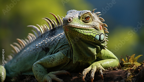 Large green iguana crawling on branch in tropical rainforest generated by AI