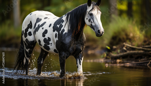 A beautiful horse grazes in the green meadow near the pond generated by AI © Stockgiu