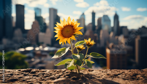 The yellow sunflower grows in the urban skyscraper meadow generated by AI