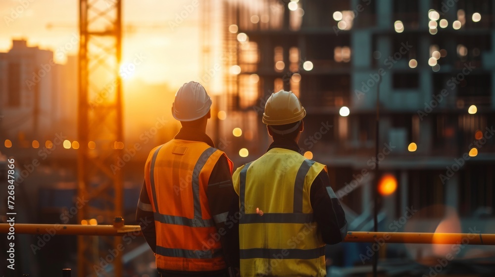 construction workers, engineer looking at building site bokeh style background