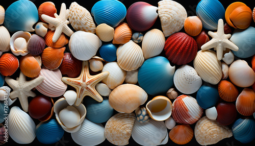 A large group of colorful seashells decorate the sandy coastline generated by AI