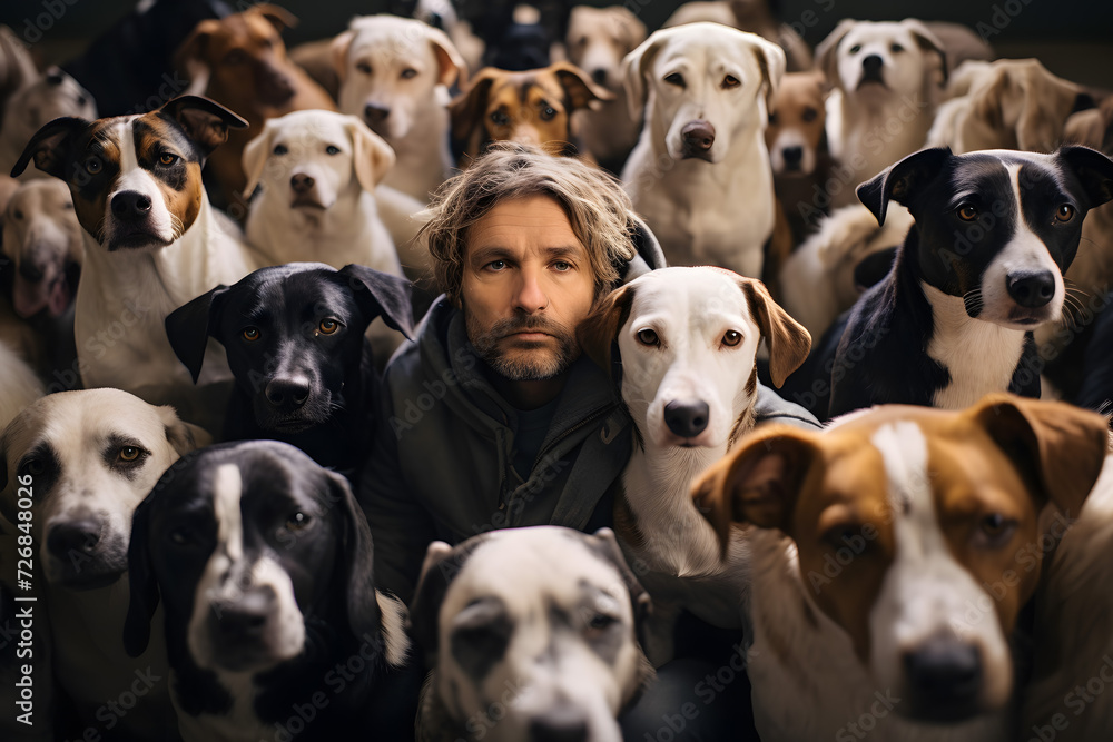 Man sits surrounded by a lot of dogs. The concept of a person's love for dogs, dog breeder. Love for dogs as a mental disorder, illness Man sits surrounded by a lot of dogs. The concept of a person's love for dogs, dog breeder. Love for dogs as a mental disorder, illness
