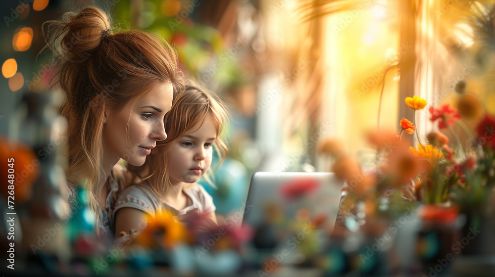 A mother and daughter are sitting together at a table, looking at the laptop. Concept of working mom, freelance, home office, and balancing family and career. A mother and daughter are sitting together at a table, looking at the laptop. Concept of working mom, freelance, home office, and balancing family and career.