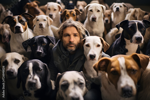 Man sits surrounded by a lot of dogs. The concept of a person's love for dogs, dog breeder. Love for dogs as a mental disorder, illness © aapsky