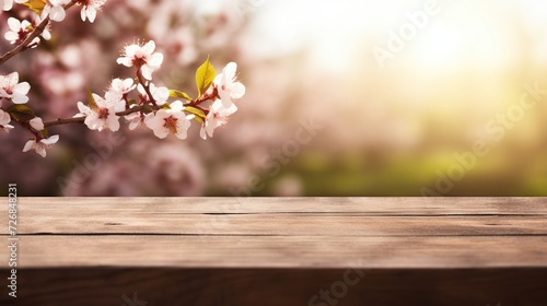 a wooden table with a blurred spring background and pink flowers and a place for text. © екатерина лагунова