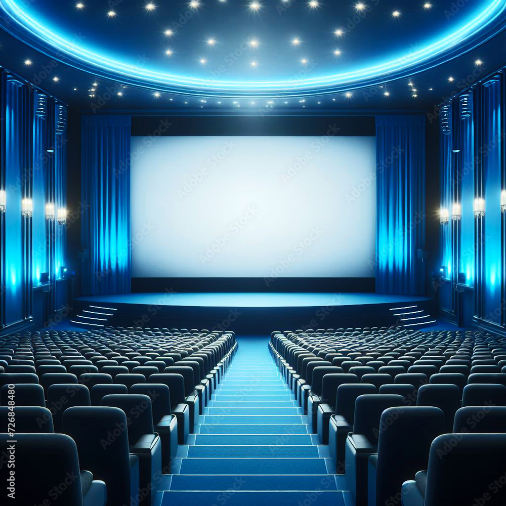 A blue, empty movie theatre with a blank white screen