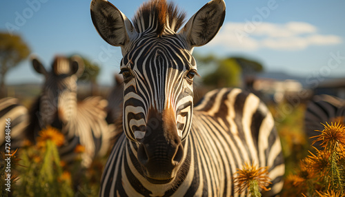 Zebra family grazing on African plain, nature striped beauty generated by AI