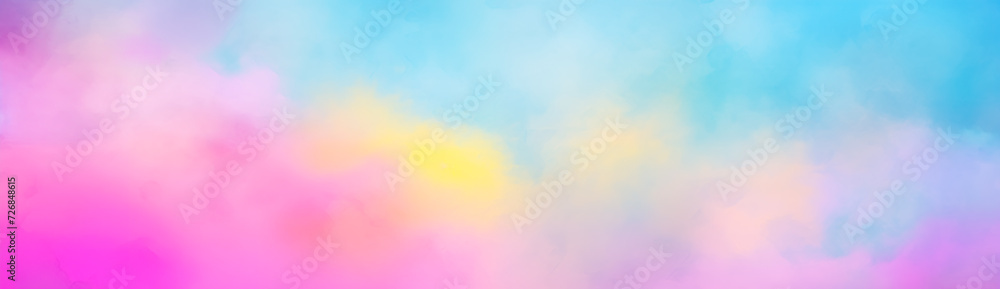Colorful pastel Easter background. Abstract watercolor sunset sky with fluffy clouds in bright pink, green, blue, yellow, and purple rainbow colors. Wide banner with copy space for text