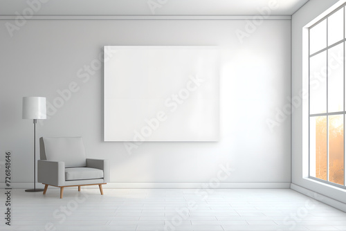 Empty white room with empty frame poster in white wall and chair , lamp , window ,modern interior design , floor, mockup ,product , studio , room