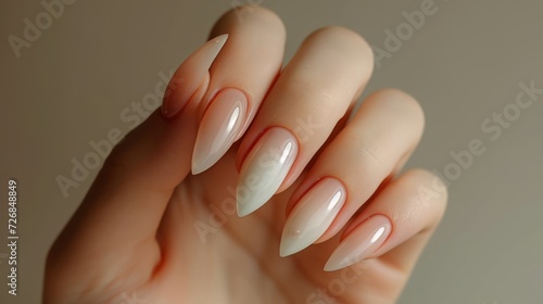 Stiletto manicure. White nail manicure with gel polish at luxury beauty salon.