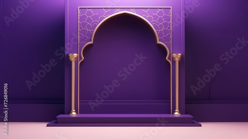 3d illustration of Luxury Islamic Podium with gold border, traditional Islamic window frame. Horizontal Arabic banner for product exhibition, purple background. generative ai