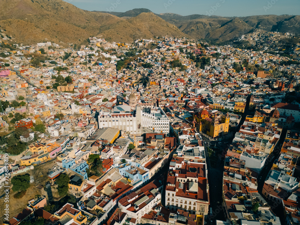 Aerial hyperlapse over the beautiful magical town of Guanajuato with a special sunset